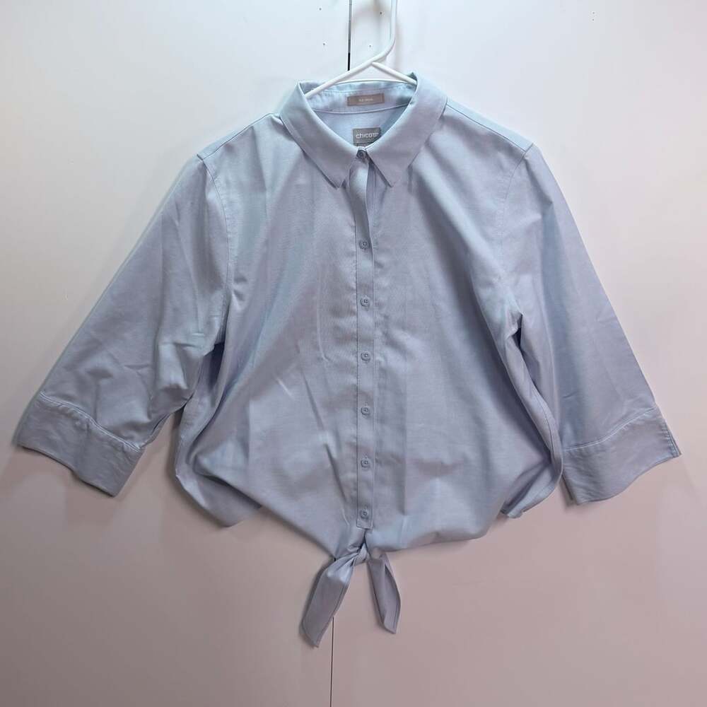 Chico's Light Blue Cotton Button-Up Shirt Size 8/10 Knot Front Tie Hem